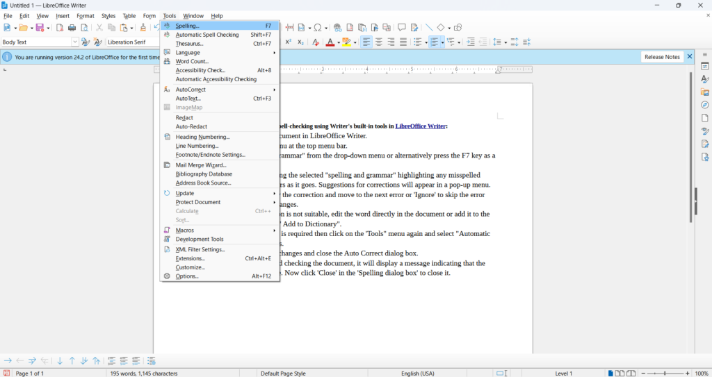 how to check spelling in LibreOffice writer